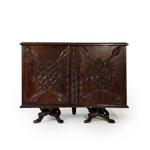 1950s Congolese Carved Cabinet, Geometric Wood Design, Vintage Colonial Furniture, Re-Oiled, African Handmade Storage Piece