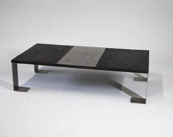 Brutalist Artisan Coffee Table Steel and Hand Carved Wood, 21st Century