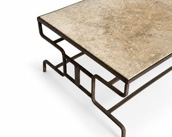 French Artisan Coffee Table in Wrought Iron with Travertine Top, 1920s