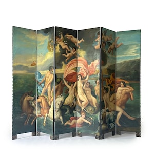 Vintage Baroque style Screen in Wood antique room divider from the first half of the 20th century The Triumph of Neptune and Amphitrite