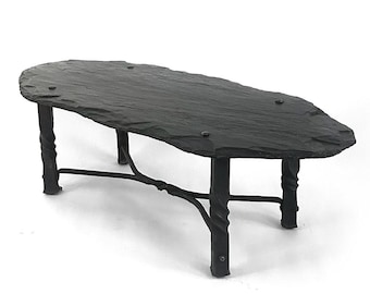 Ultra Rare French Slate Coffee Table, Forged Iron Base, Early 20th Century