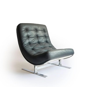 1960s Modernist Lounge Chair, Grey Leather and Chrome, Vintage Armchair, French or Italian Design