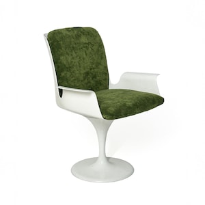 1970s Space Age Swivel Chair, Retro Green Tulip Base Armchair, Reupholstered in Fluffy Aristide Fabric, Vintage Mid-Century Modern Design