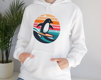 Surfing Penguin Hooded Sweatshirt, cool design, surfer clothing