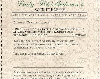 Lady Whistledown Bridgerton Birthday Invitation (self fill) (bun hair)
