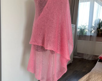 Mohair pink  shawl size 240X70 cm. Lightweight handmade wrap for cool summer evenings. Great accessory for your looks. Knitted scarf.