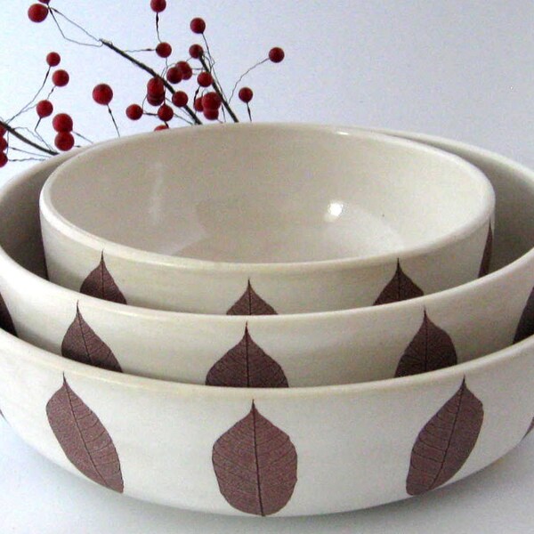 Nesting Skeleton Leaves Bowls - Set of 3 - Hand Thrown Stoneware