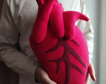 Anatomical Heart Plush: Red Fleece Stuffed Pillow (15x9")