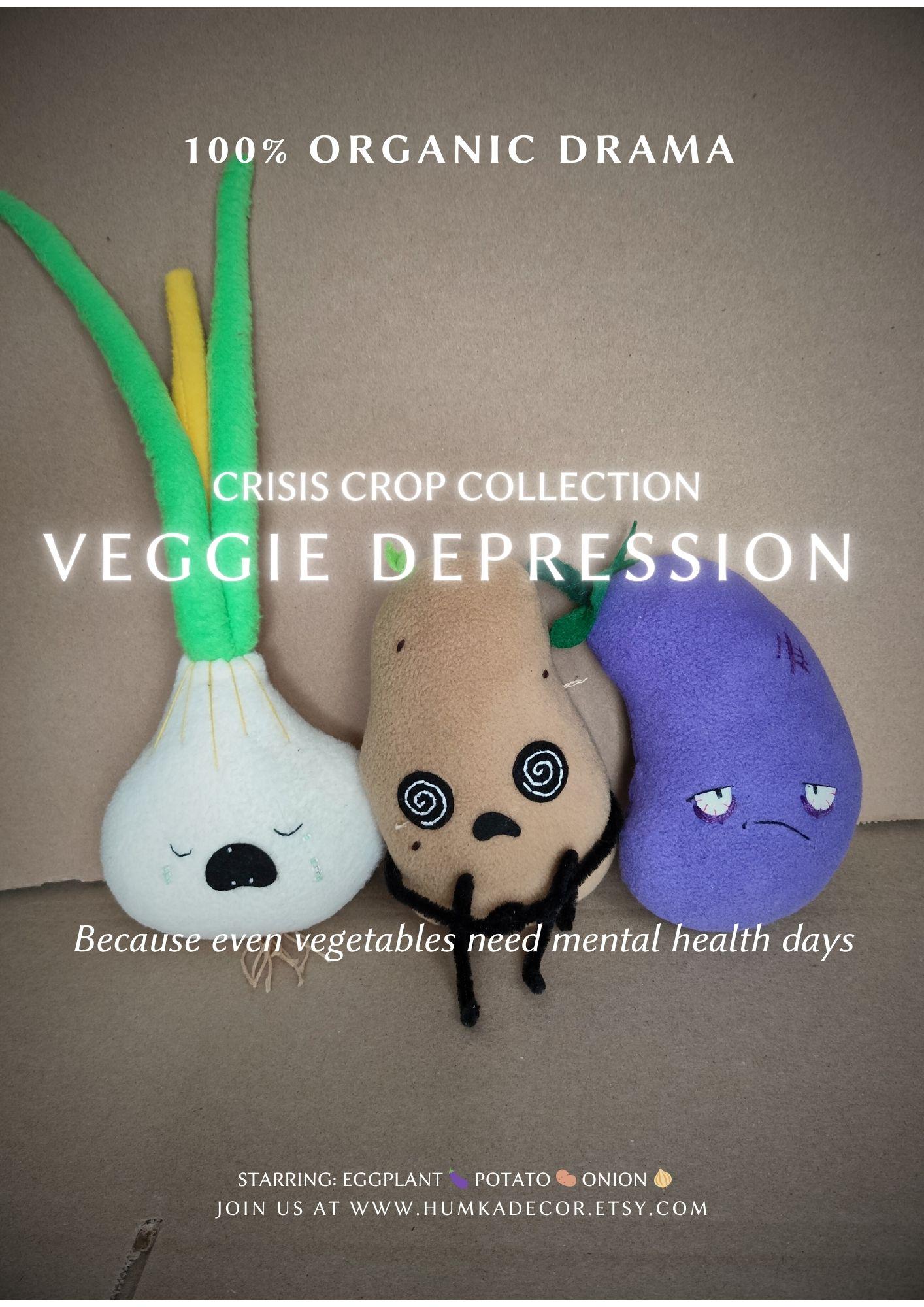 Sad Veggie Plush Set: Eggplant, Potato & Onion - Dark Humor Therapy Gift