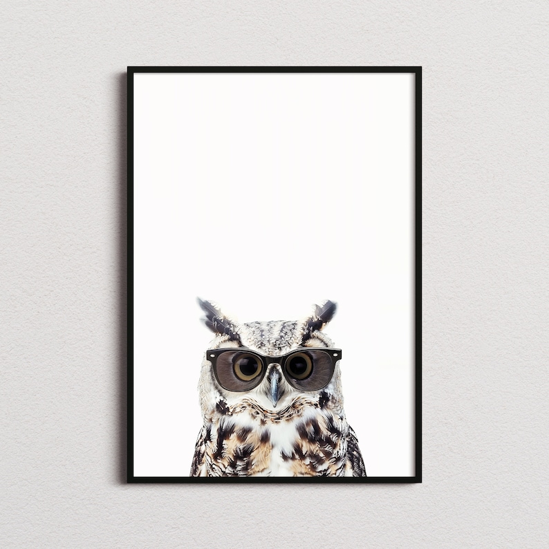 May include: A brown and white owl wearing black framed sunglasses. The owl is looking directly at the camera.