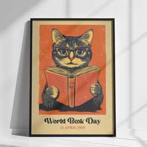 Vintage Cat World Book Day Print, Cute Cat Art, Cat Prints, Cat Poster, Bookworm Gifts, Book Prints, Book Lover Gift
