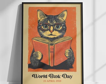 Vintage Cat World Book Day Print, Cute Cat Art, Cat Prints, Cat Poster, Bookworm Gifts, Book Prints, Book Lover Gift