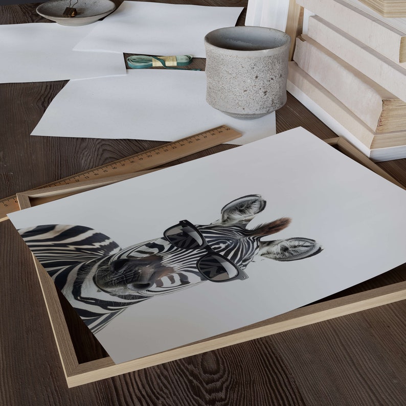 May include: A black and white zebra wearing sunglasses. The zebra is looking directly at the camera. The background is white.
