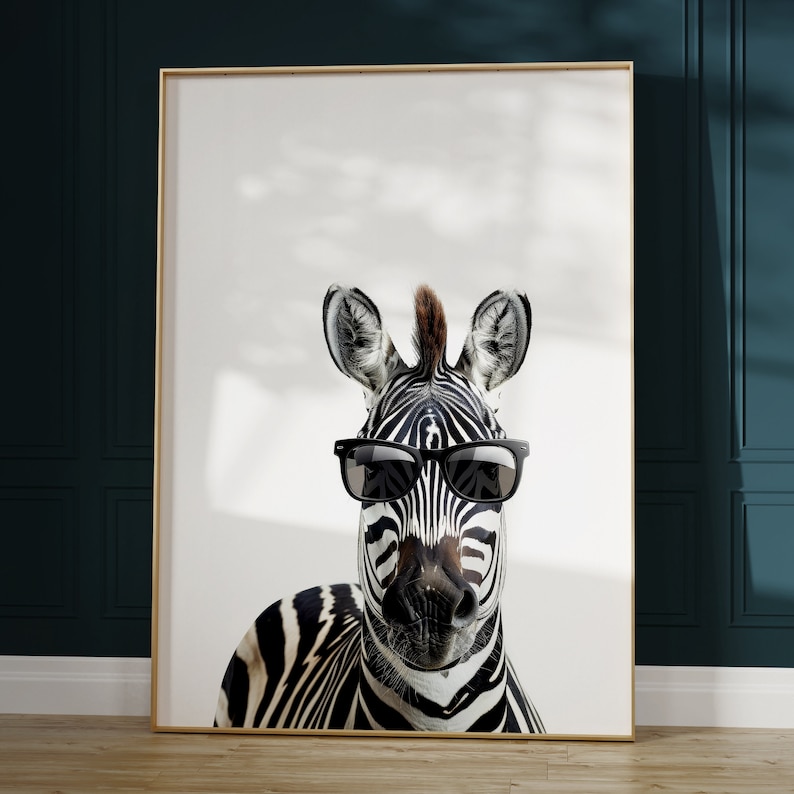 May include: A black and white zebra with a mohawk wearing black sunglasses against a white background.