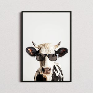 Impresión de vaca con gafas de sol, estampado de vaca, póster de vaca, estampado divertido de vaca, arte de vaca, arte para dormitorio infantil, estampado divertido de animal