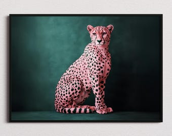 Pink Cheetah Print, Contemporary Wall Art, Maximalist Decor, Chic Art, Dark Green Wall Art, Cheetah Art