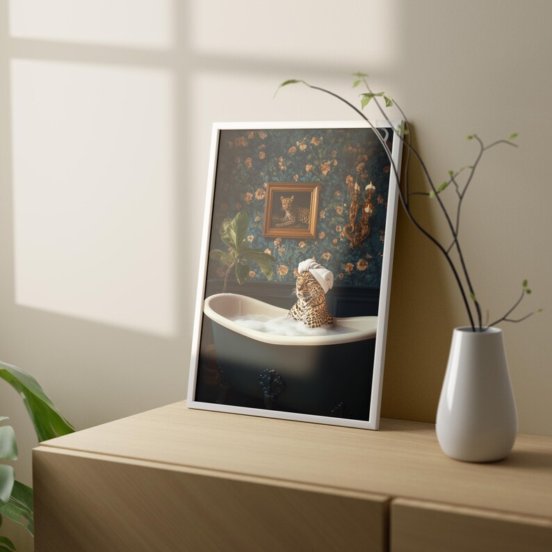 Funny Bathroom Prints, Bathroom Art, Bathroom Decor, Leopard Prints, Leopard Art, Leopard In The Bath, Funny Animal Prints, Funny Animal Art image 4