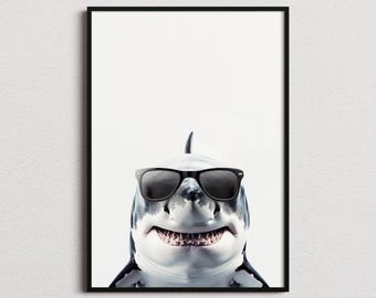 Estampado de tiburón blanco con gafas de sol, Estampado de tiburón blanco, Póster de tiburón blanco, Estampado divertido de tiburón blanco