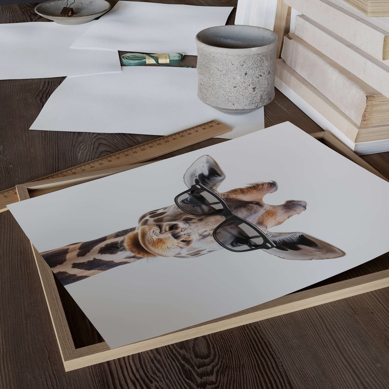 May include: A framed print of a giraffe wearing sunglasses. The giraffe is looking directly at the camera with a playful expression. The background is white.
