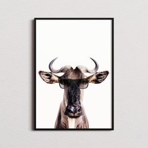 Può includere: Una fotografia in bianco e nero di uno gnu che indossa occhiali da sole. Lo gnu guarda direttamente la fotocamera. Lo sfondo è bianco.