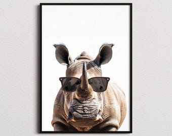 Stampa di rinoceronte con occhiali da sole, Stampa di rinoceronte, Poster di rinoceronte, Stampa divertente di rinoceronte, Arte del rinoceronte, Arte per la camera dei bambini, Stampa divertente di animali