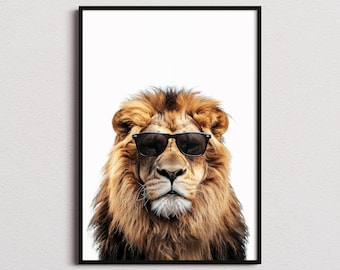 Impresión de león con gafas de sol, impresión de león, póster de león, impresión divertida de león, arte de león, arte para dormitorio infantil, impresión divertida de animal