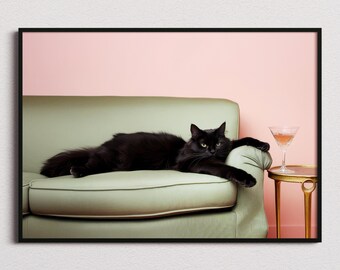 Cat With Martini Print, Cat Lovers Gift, Cat Print, Cat Art, Cocktail Print, Bar Decor, Living Room Decor, Cute Cat, Funny Cat