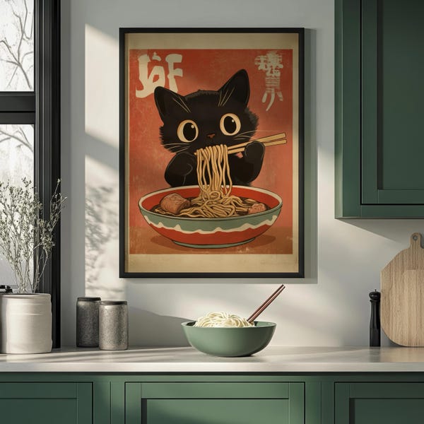 Impresión vintage de gato comiendo fideos ramen, impresión divertida de gato, impresiones de cocina, arte japonés, regalos lindos de gatos