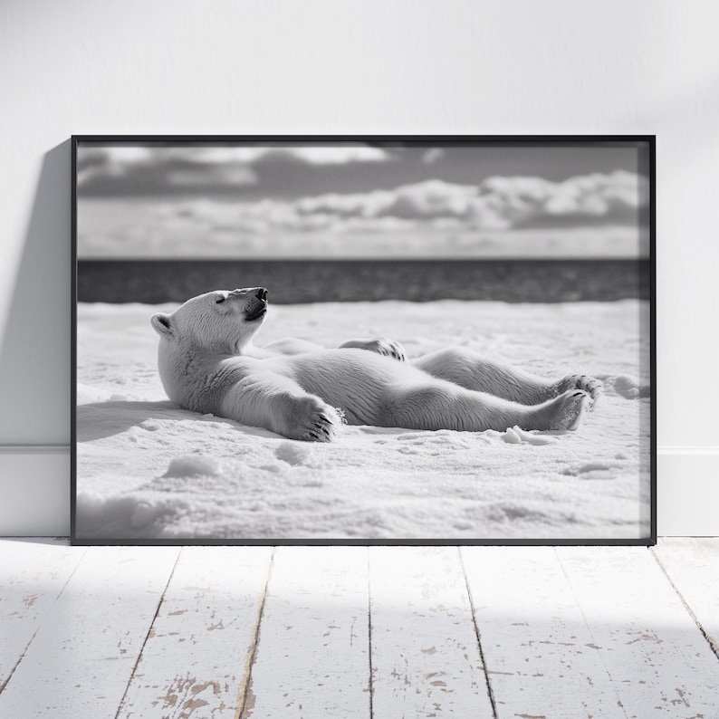 Polar Bear Relaxing Print, Polar Bear Print, Polar Bear Art, Polar Bear Poster, Monochrome Decor, Monochrome Print, Monochrome Art, image 1