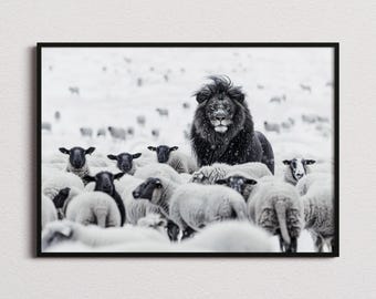 Lion Among Sheep Print, Lion Print, Lion Poster, Lion Photo, Lion Art, Black and White print, Black and White Wall Art, Monochrome Prints