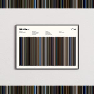 May include: A framed horizontal poster titled Birdman 2014 featuring a minimalist graphic design. The print displays a series of vertical color stripes in shades of brown, black, blue, and grey, representing the film's color palette, with text credits.