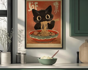 Vintage Cat Eating Ramen Noodles Print, Funny Cat Print, Kitchen Prints, Japanese Art, Cute Cat Gifts
