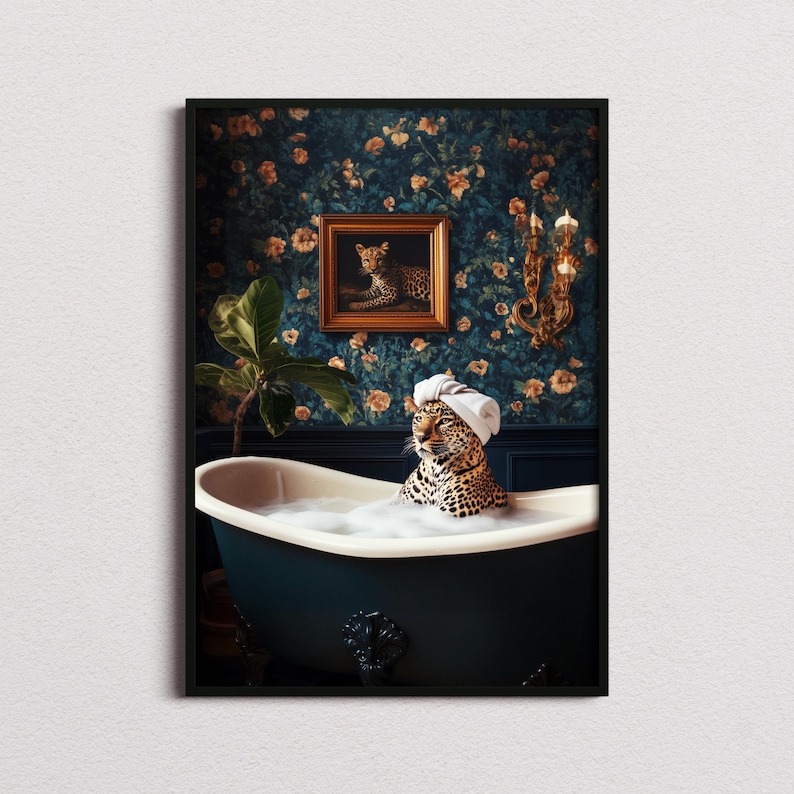 Funny Bathroom Prints, Bathroom Art, Bathroom Decor, Leopard Prints, Leopard Art, Leopard In The Bath, Funny Animal Prints, Funny Animal Art image 1