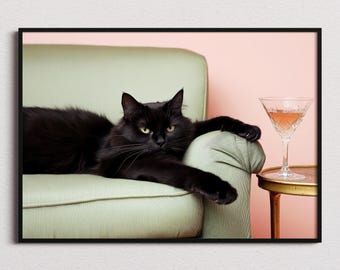 Cat With Martini Print, Cat Lovers Gift, Cat Print, Cat Art, Cocktail Print, Bar Decor, Living Room Decor, Cute Cat, Funny Cat