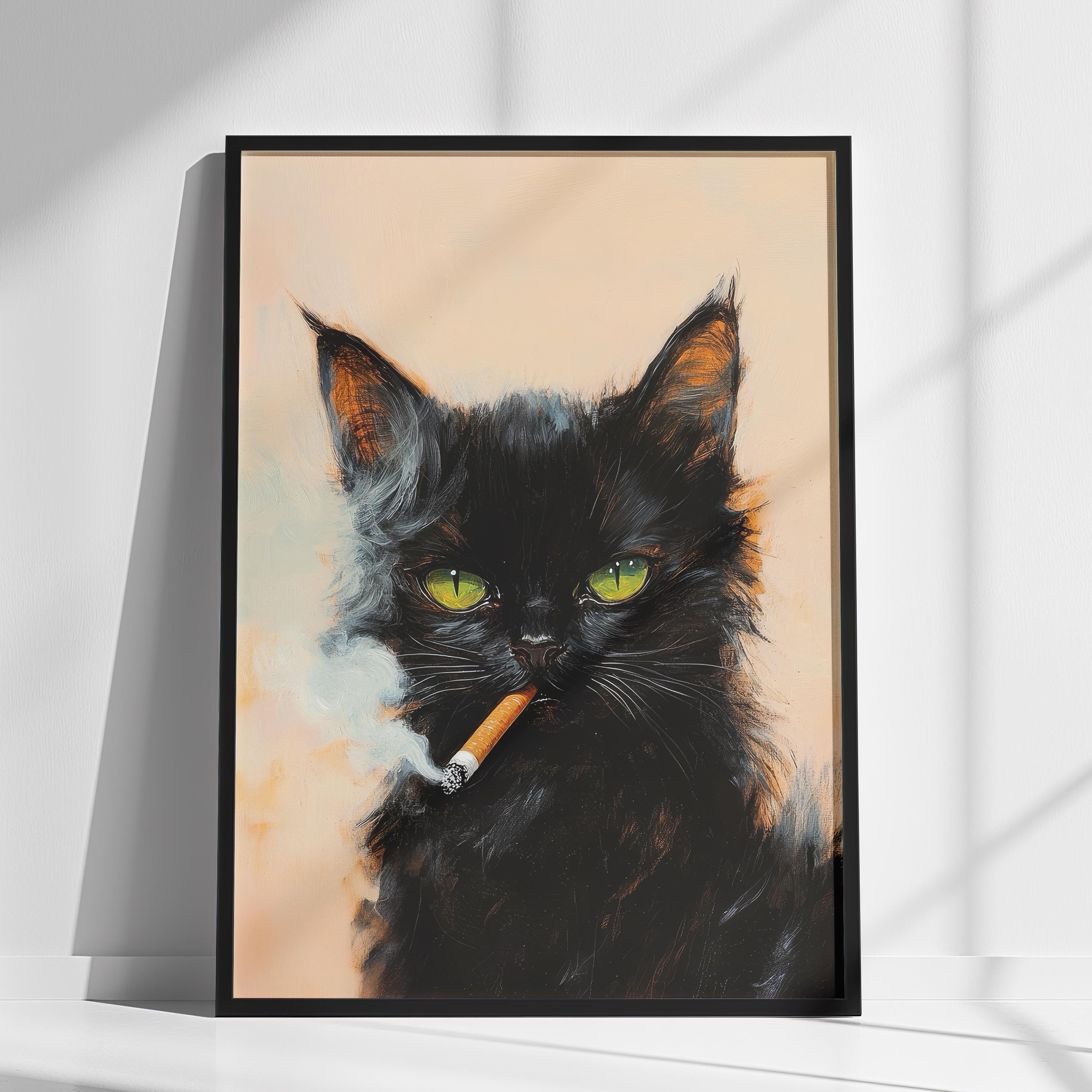 Smoking Cat Print, Vintage Cat Art, Cat Painting, Cat Smoking a Cigarette, Black Cat, Funny Cat Print, Funny Cat Art