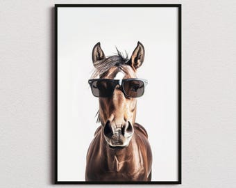 Impresión de caballo con gafas de sol, impresión de caballo, póster de caballo, impresión divertida de caballo, arte de caballo, arte para dormitorio infantil, impresión divertida de animal