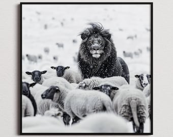 Lion Among Sheep Print, Lion Print, Lion Poster, Lion Photo, Lion Art, Black and White print, Black and White Wall Art, Monochrome Prints