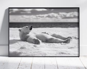 Polar Bear Relaxing Print, Polar Bear Print, Polar Bear Art, Polar Bear Poster, Monochrome Decor, Monochrome Print, Monochrome Art,