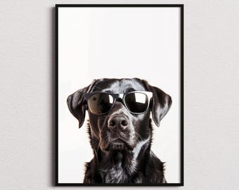 Stampa di un Labrador nero con gli occhiali da sole, Stampa di un cane Labrador nero, Poster di un cane Labrador nero, Stampa divertente di un cane Labrador nero, Arte con un cane Labrador nero