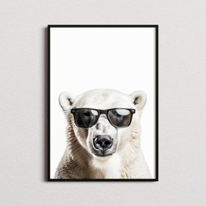 Impresión de oso polar con gafas de sol, impresión de oso polar, póster de oso polar, impresión divertida de oso polar, arte de oso polar, arte para dormitorio infantil