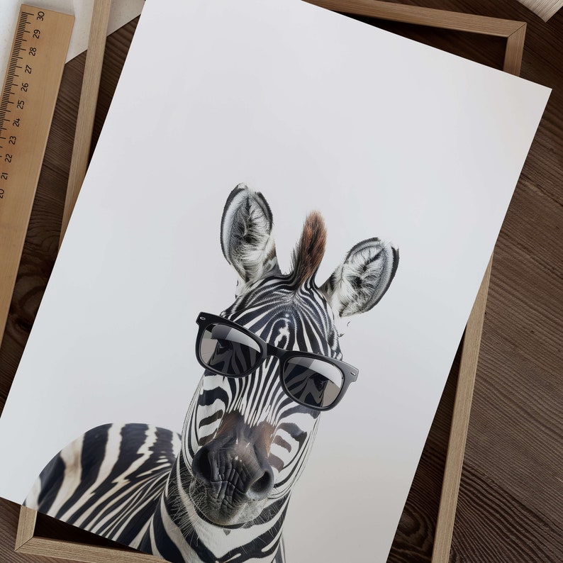 May include: A black and white zebra wearing black sunglasses. The zebra is looking directly at the camera. The background is white.