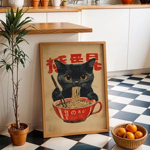 Vintage Cat Eating Ramen Noodles Print, Funny Cat Print, Kitchen Prints, Japanese Art, Cute Cat Gifts