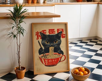 Vintage Cat Eating Ramen Noodles Print, Funny Cat Print, Kitchen Prints, Japanese Art, Cute Cat Gifts