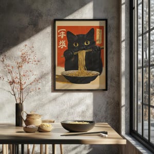 Vintage Cat Eating Ramen Noodles Print, Funny Cat Print, Kitchen Prints, Japanese Art, Cute Cat Gifts
