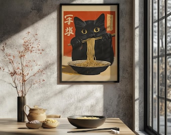 Vintage Cat Eating Ramen Noodles Print, Funny Cat Print, Kitchen Prints, Japanese Art, Cute Cat Gifts