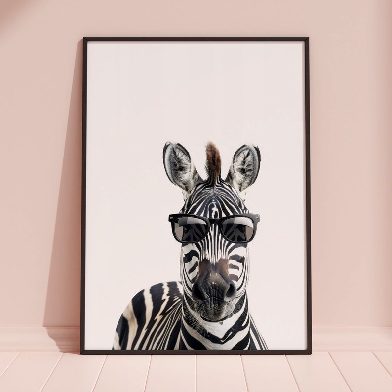 May include: A black and white zebra wearing sunglasses. The zebra has a black and white striped pattern and is looking directly at the camera. The background is white.