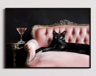 Cat With Martini Print, Cat Lovers Gift, Cat Print, Cat Art, Cocktail Print, Bar Decor, Living Room Decor, Cute Cat, Funny Cat
