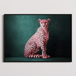 Rosa Geparden-Druck, zeitgenössische Wandkunst, maximales Dekor, schicke Kunst, dunkelgrüne Wandkunst, Geparden-Kunst