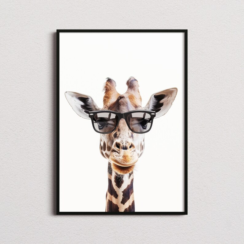 May include: A close-up of a giraffe wearing black sunglasses. The giraffe is looking directly at the camera. The background is white.
