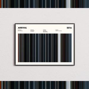 Peut inclure: Une affiche horizontale encadrée intitulée Arrival 2016 présentant une palette de couleurs verticales en forme de code-barres composée de bleus foncés, de gris et de noirs. Le texte inclut les crédits du réalisateur Denis Villeneuve, de l'écrivain Eric Heisserer et des acteurs Amy Adams, Jeremy Renner et Forest Whitaker.